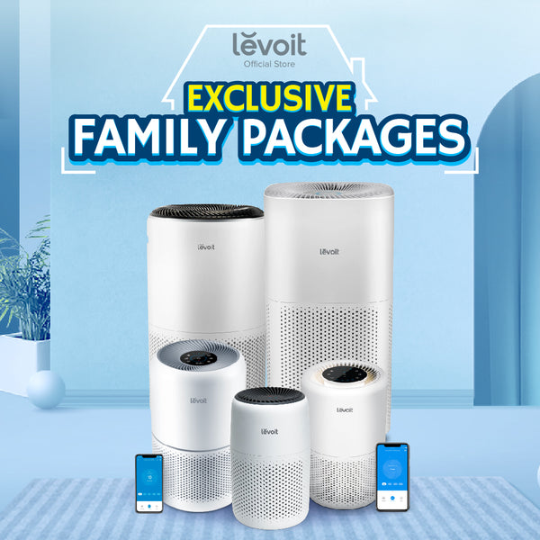 White Levoit air purifiers bundle with gray filter cartridge and phone screens