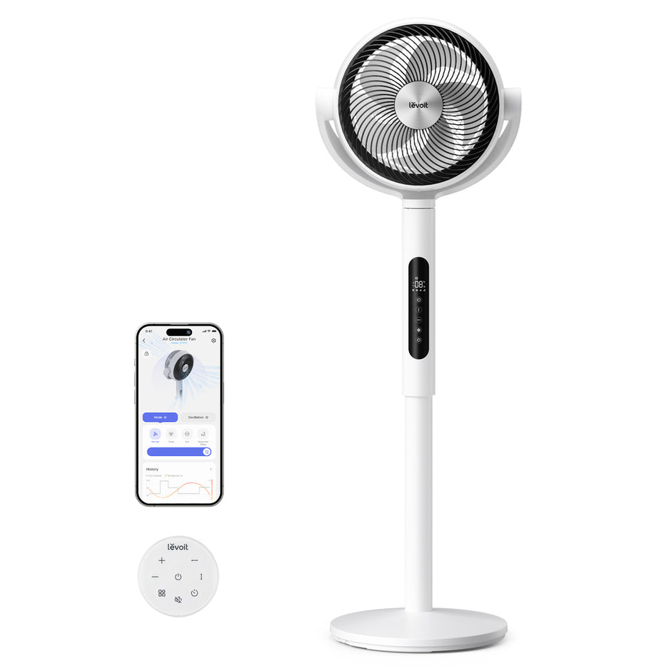 Levoit pedestal air circulator fan, white body, black grille, app control shown