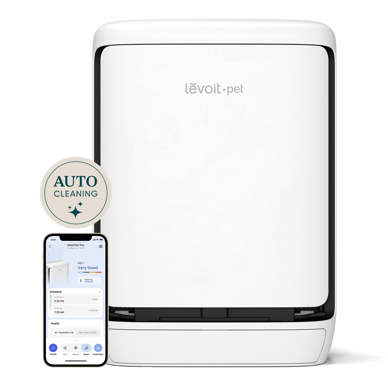 Levoit pet smart air purifier, white front panel with auto-cleaning indicator beside it
