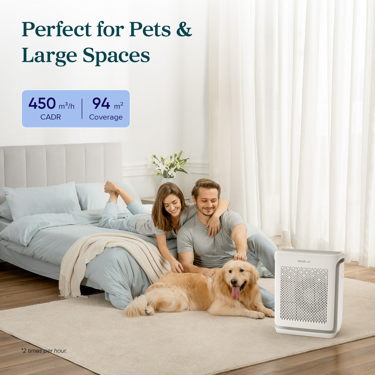 White air purifier on floor with front vent grille
