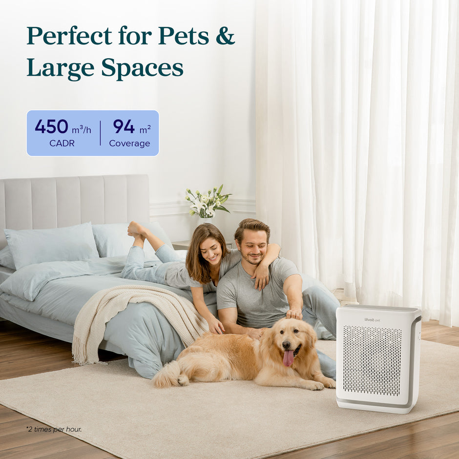 White air purifier on floor with front vent grille
