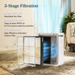 White air purifier with open filter housing showing 3-stage filtration layers