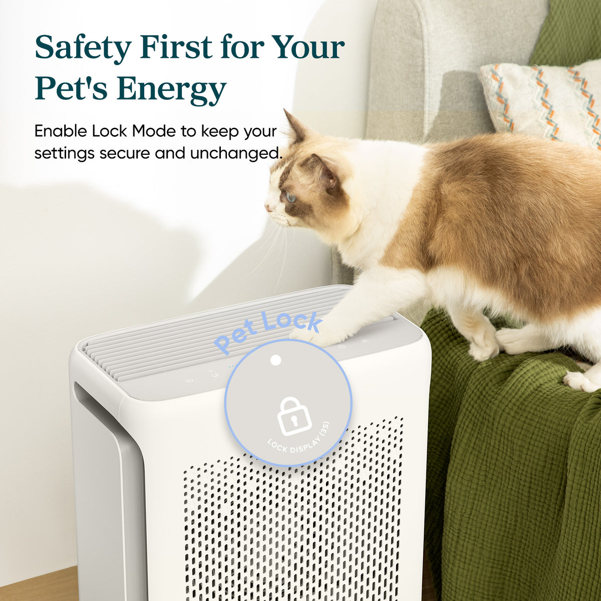 White air purifier with pet lock button on front panel
