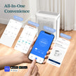 White smart air purifier with perforated vent panel, shown with mobile app control screens