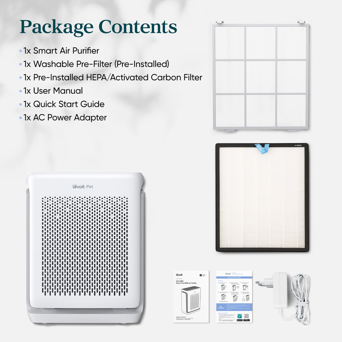 White smart True HEPA air purifier with front vent grille and included replacement filters