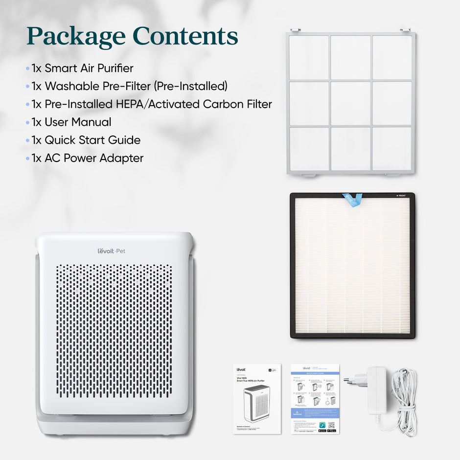 White smart True HEPA air purifier with front vent grille and included replacement filters