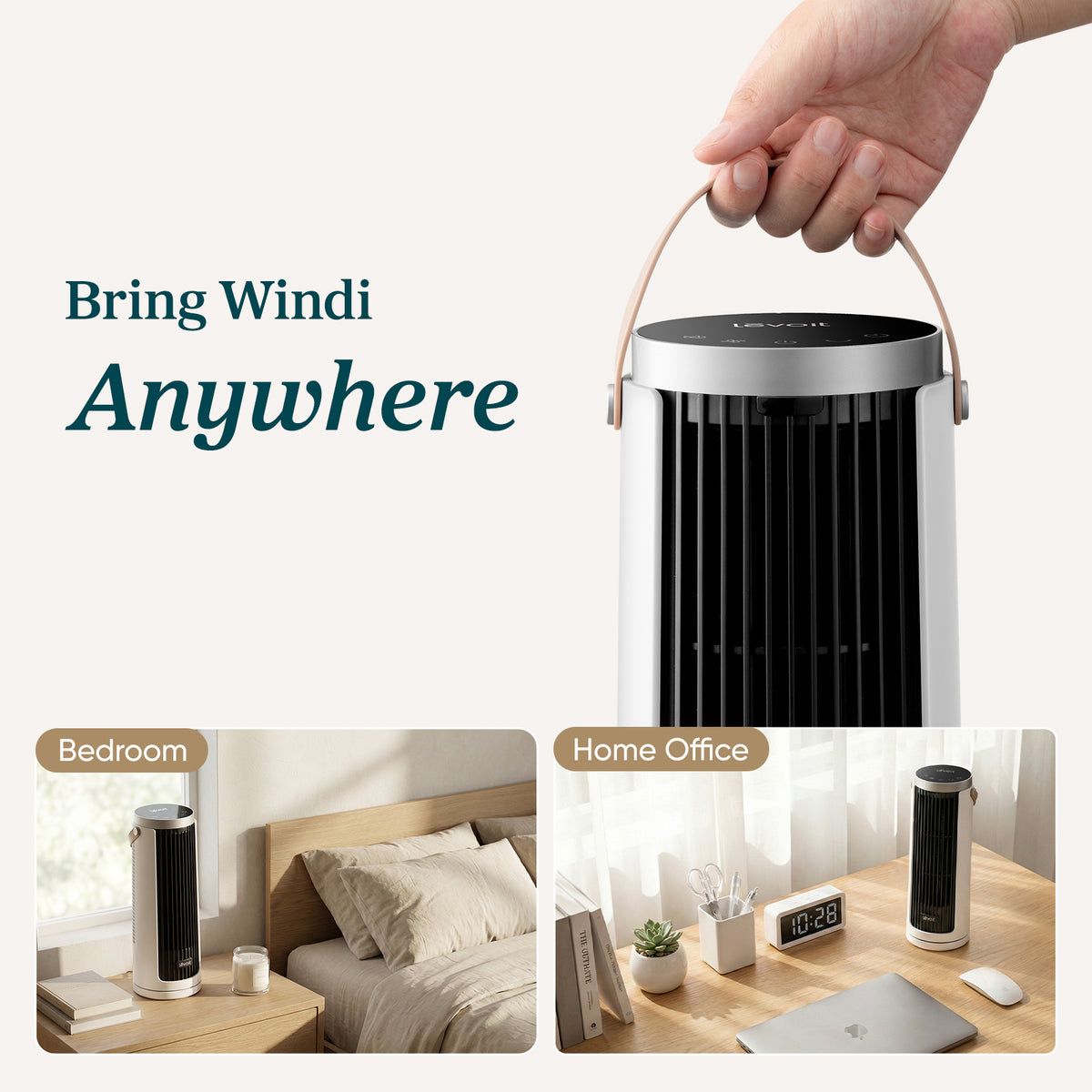 White tower fan with black grille and side handles, held up by the hand