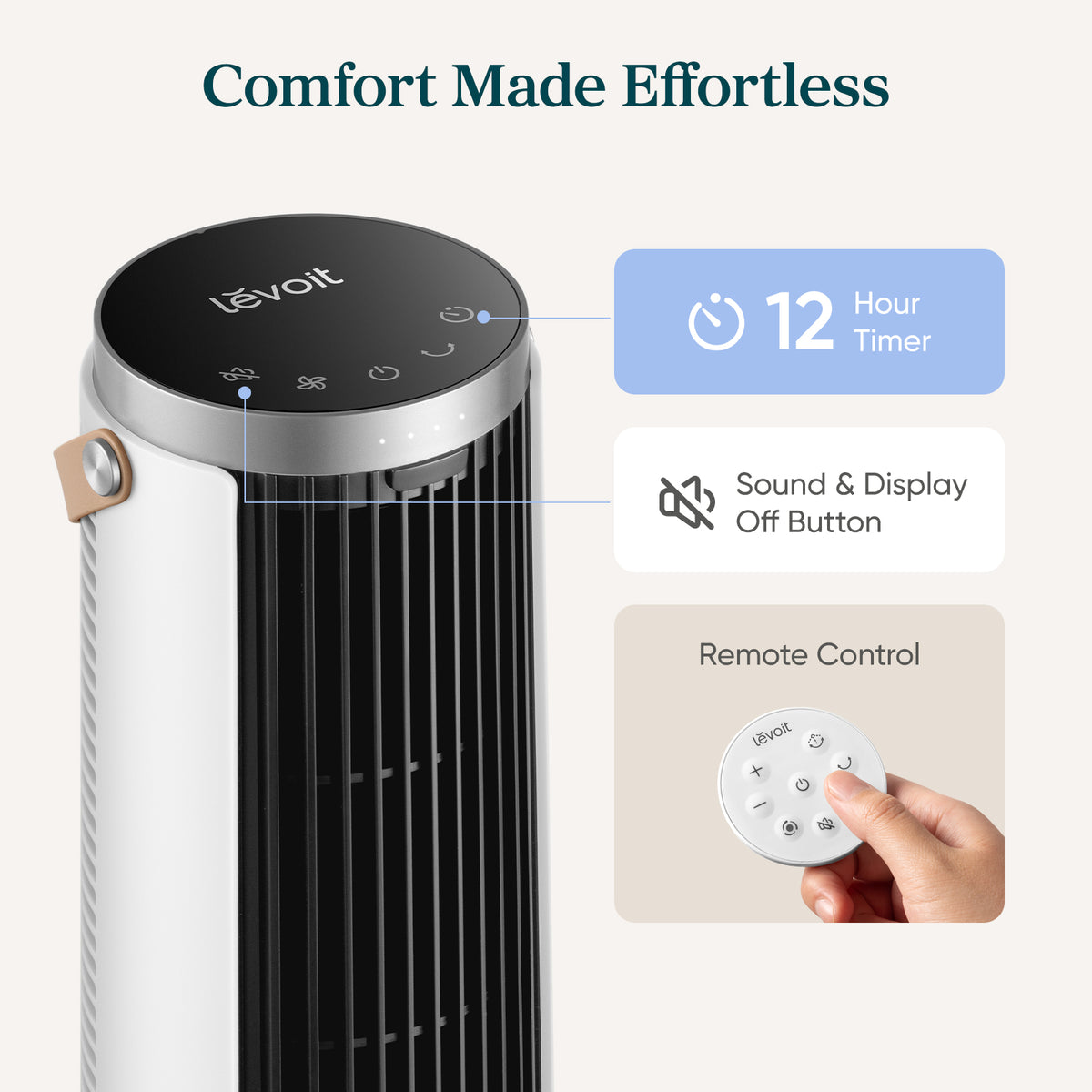White tower fan with black grille, LED timer display, and remote control