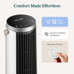White tower fan with black grille, LED timer display, and remote control