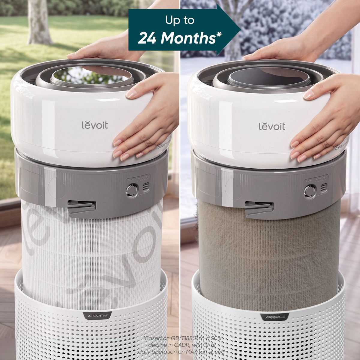 Levoit HEPA replacement filter installed in air purifier, shown with hands