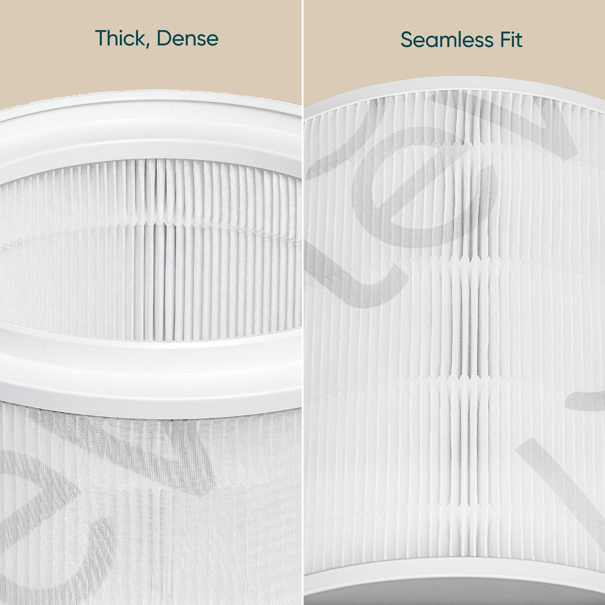 Levoit HEPA replacement filter pleated media close-up, thick dense layers