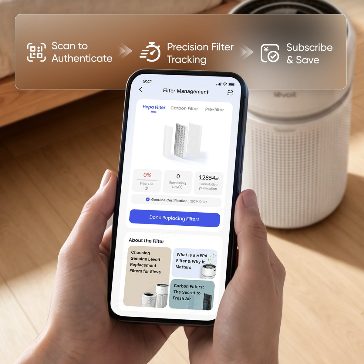 Levoit HEPA replacement filter in air purifier with smartphone app display