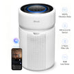 Levoit white smart air purifier with blue LED ring and front perforated intake