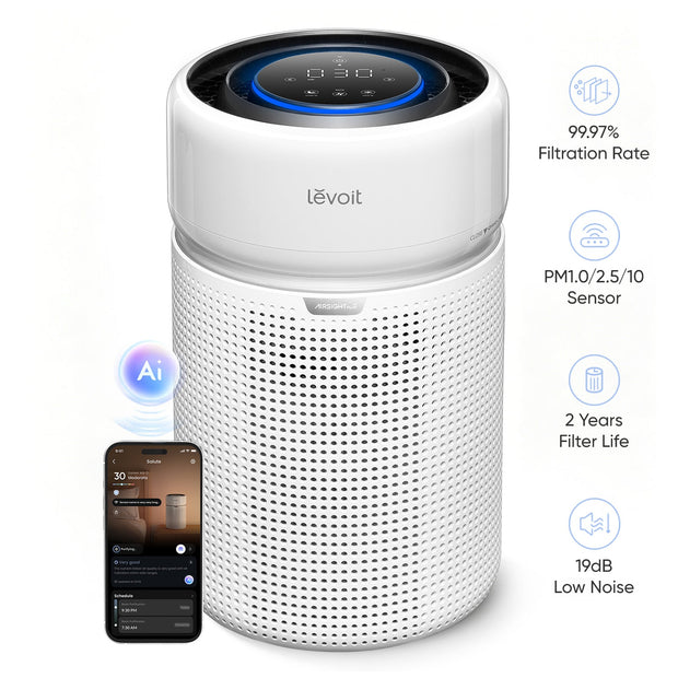 Levoit white smart air purifier with blue LED ring and front perforated intake