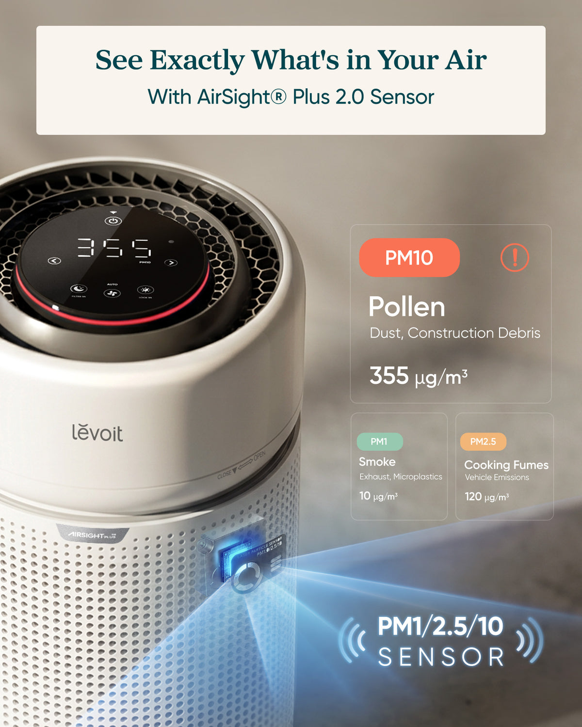 White air purifier with top sensor display and airflow indicator for PM10 pollen