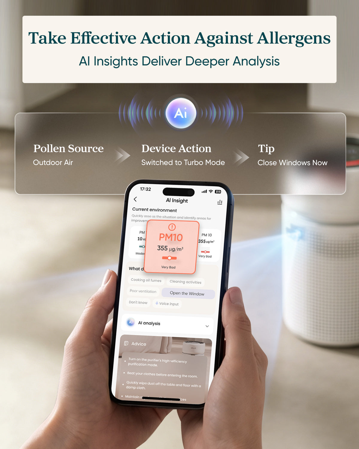 Smartphone app screen for air quality analysis with a white air purifier nearby