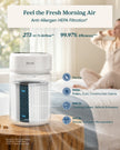 White air purifier with blue airflow graphics and internal filtration visible