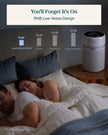 White air purifier placed beside a bed with a couple resting