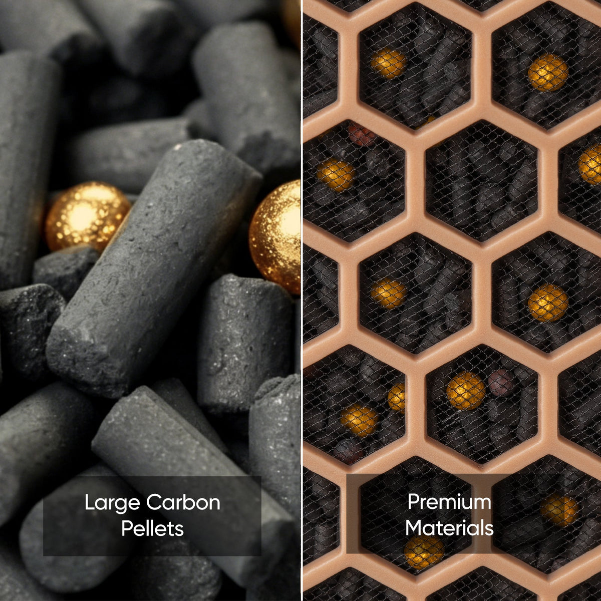 Carbon pellets with orange hex mesh premium filter material