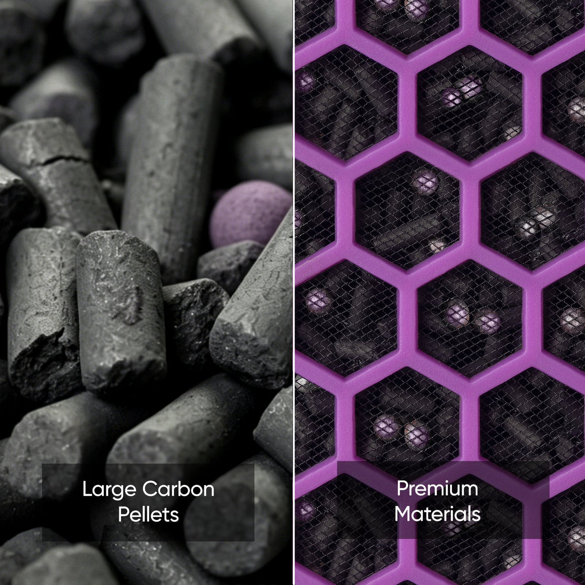 Carbon pellets with purple hex mesh premium filter material