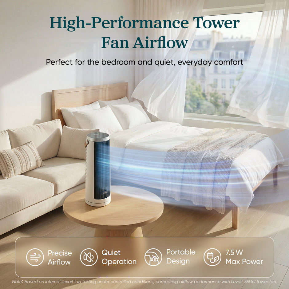 White tower fan with black grille blowing air, compact tower design