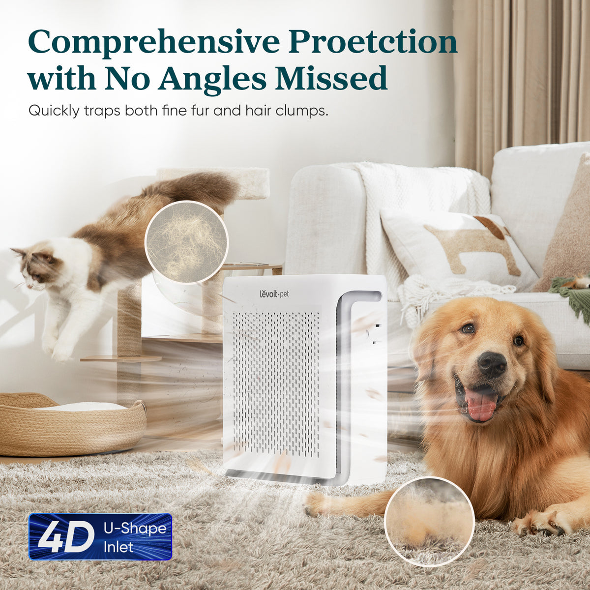 White air purifier with U-shaped intake filter diagram and pets on the floor