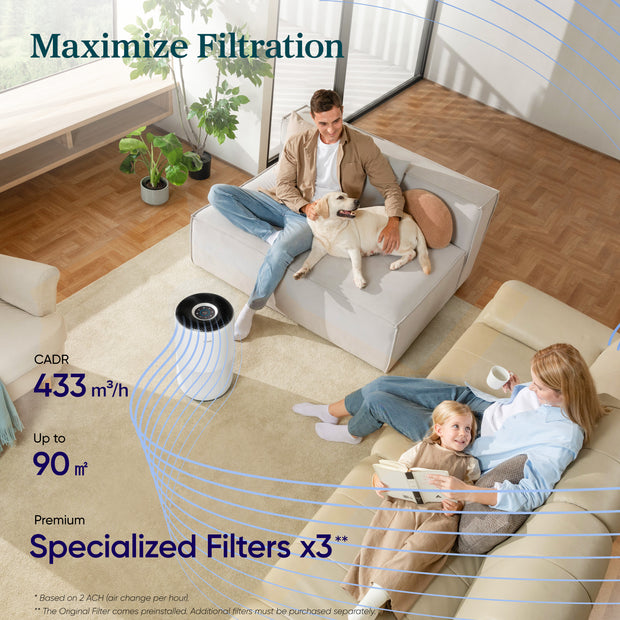Levoit Core 400S air purifier standing near a couch; visible side grille and top vent.