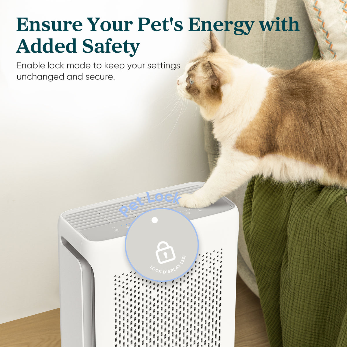White air purifier with pet lock mode indicator while a cat sits nearby