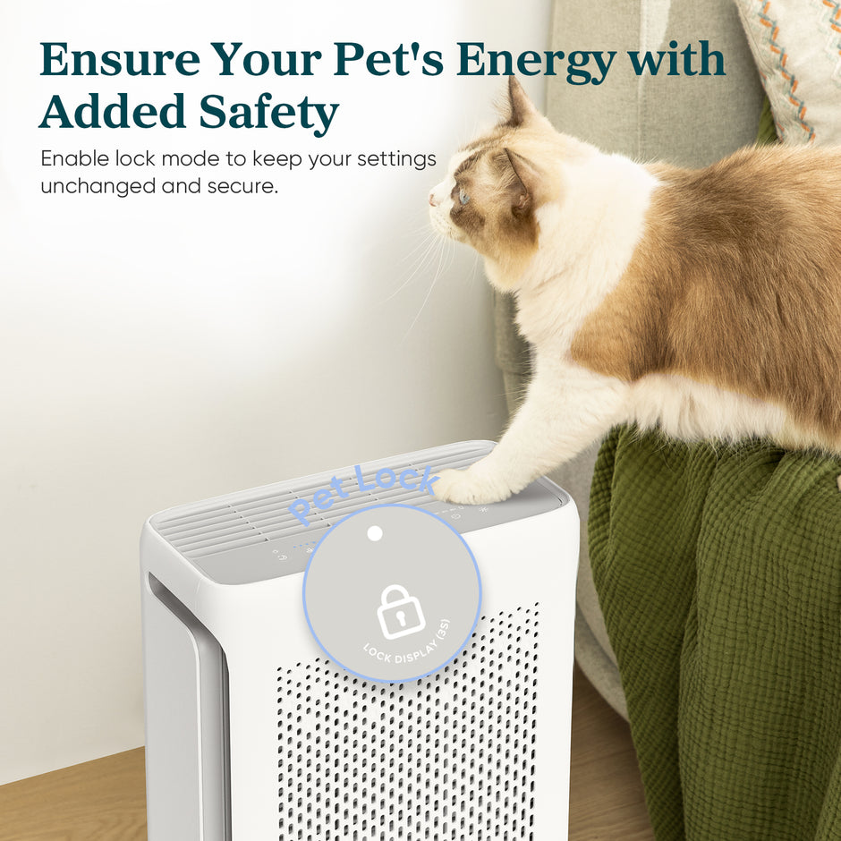 White air purifier with pet lock mode indicator while a cat sits nearby