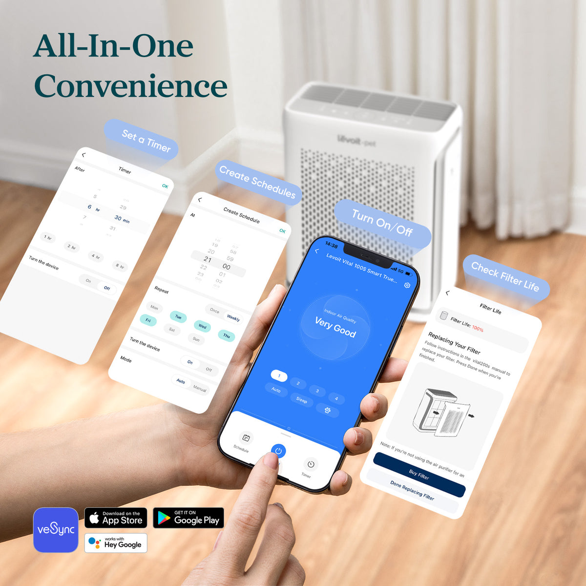 White smart air purifier with phone app controls and on-screen filter info
