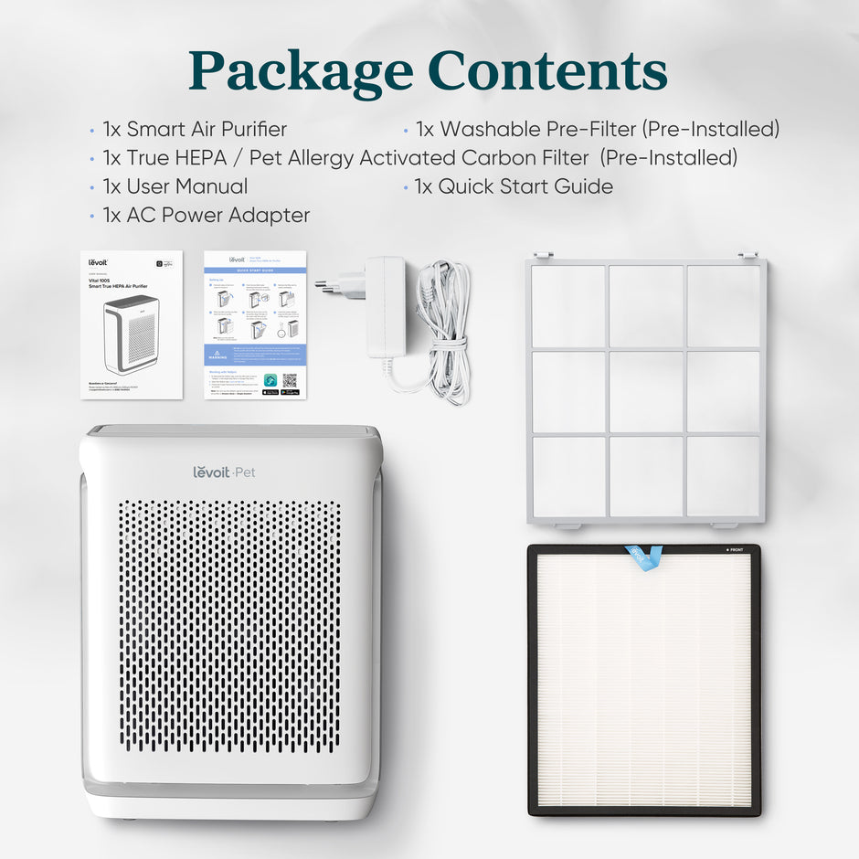 White air purifier with pre-installed filters and included accessory parts
