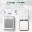 White air purifier with pre-installed filters and included accessory parts
