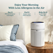White Levoit air purifier on a side table with top display ring light