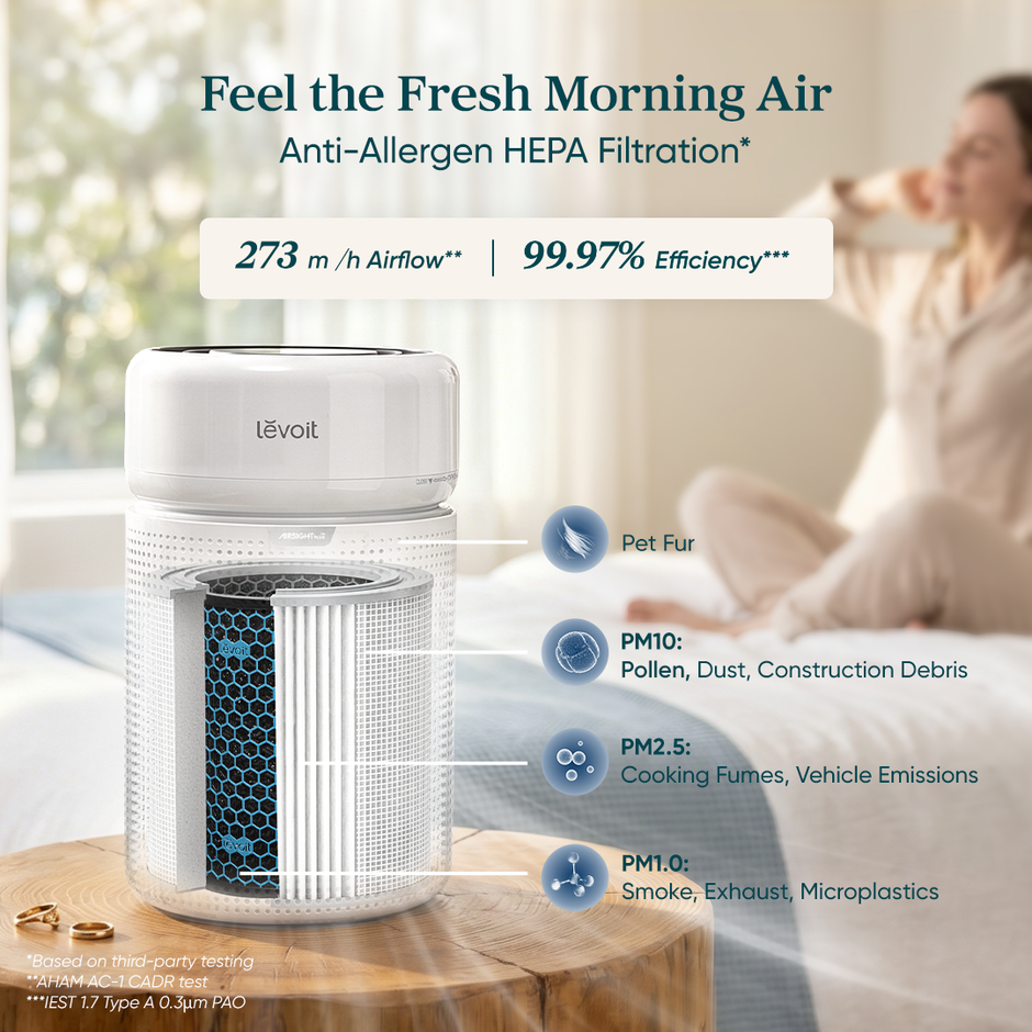 White Levoit air purifier with HEPA filter housing and top control panel