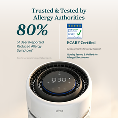 White Levoit air purifier with circular top display and honeycomb intake grille