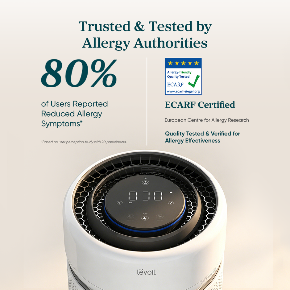 White Levoit air purifier with circular top display and honeycomb intake grille