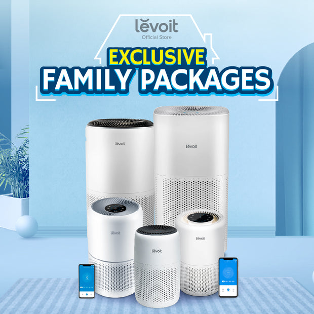 White Levoit air purifiers bundle with gray filter cartridge and phone screens