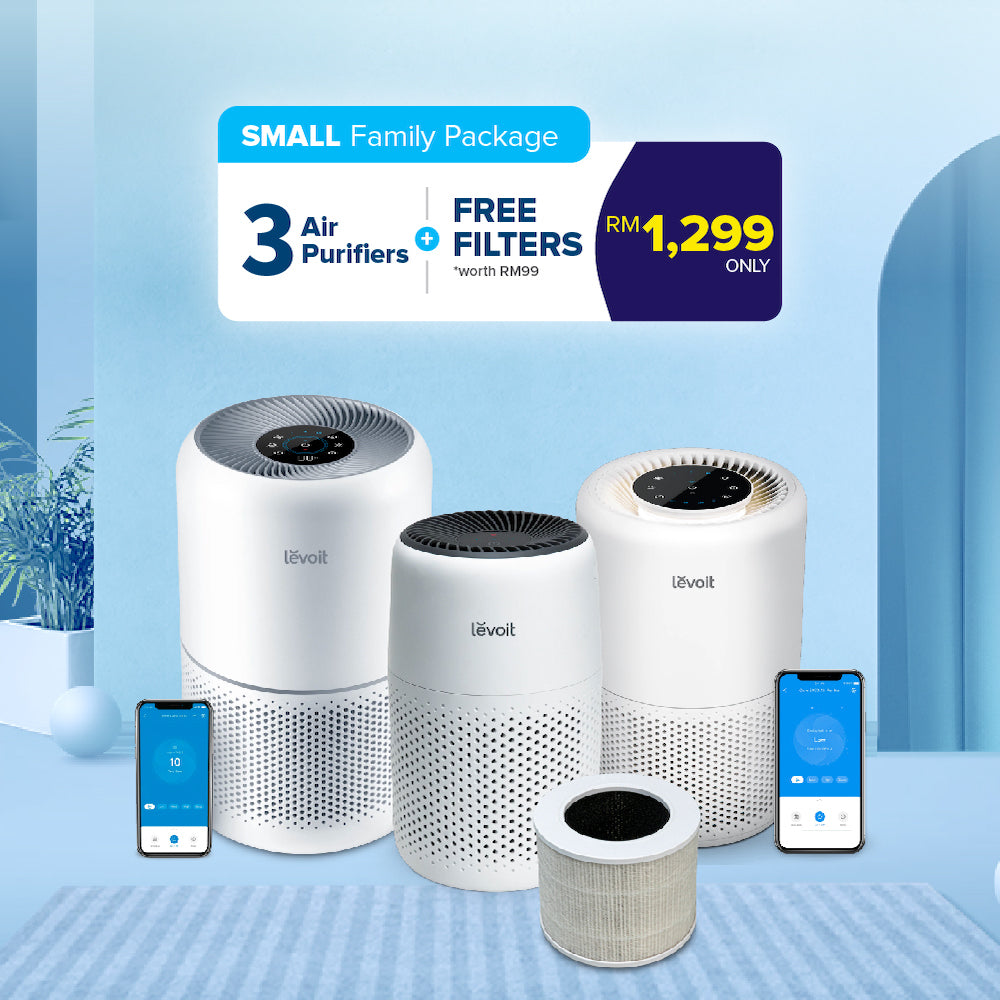Three white Levoit air purifiers with gray filter cartridge and phone screens