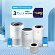 Three white Levoit air purifiers with gray filter cartridge and phone screens