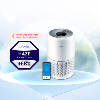 White Levoit smart air purifier with top control panel and circular vent grilles