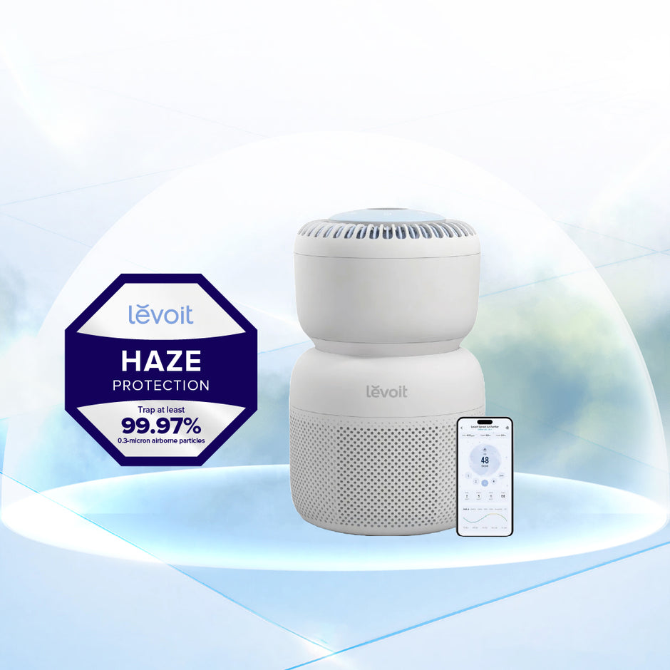 Levoit Sprout air purifier with white tower body and touchscreen app control