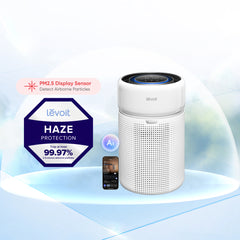 White Levoit air purifier with circular top control panel and mesh intake grille