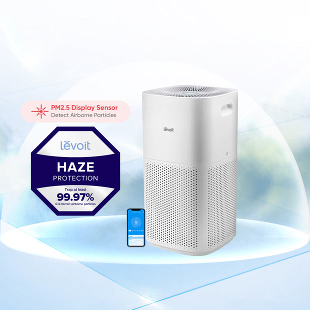White Levoit air purifier with front grille and top vent