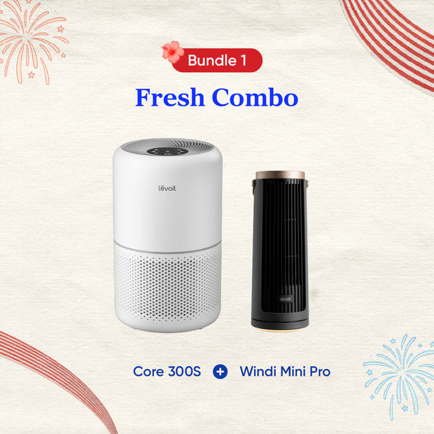 Air purifier and tower fan bundle with white core unit and black mini tower fan
