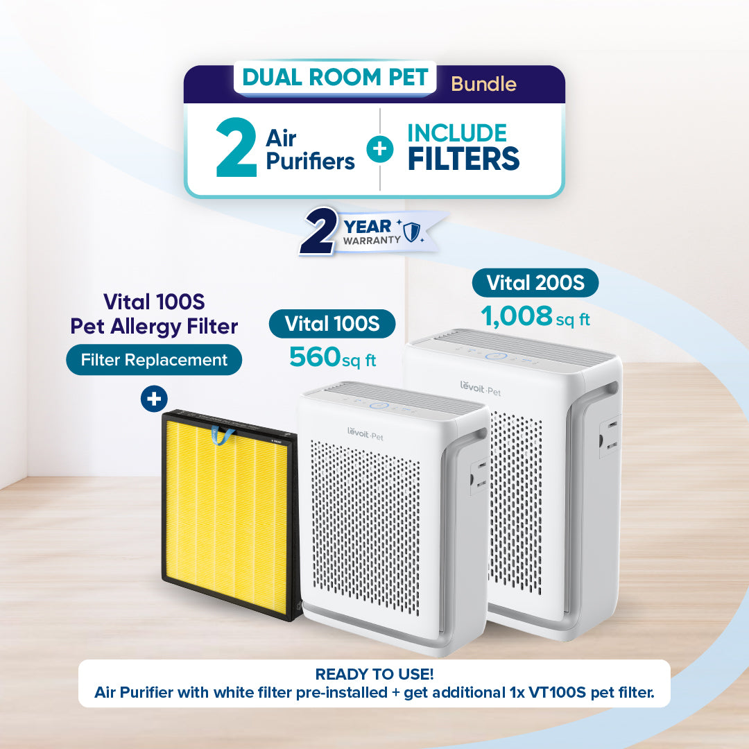 Levoit dual room pet bundle with two white air purifiers and one replacement filter