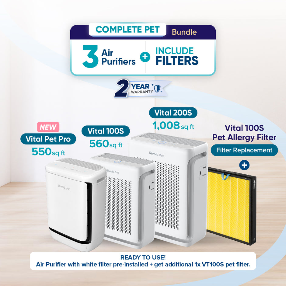 Levoit complete pet bundle with three white air purifiers and a replacement filter