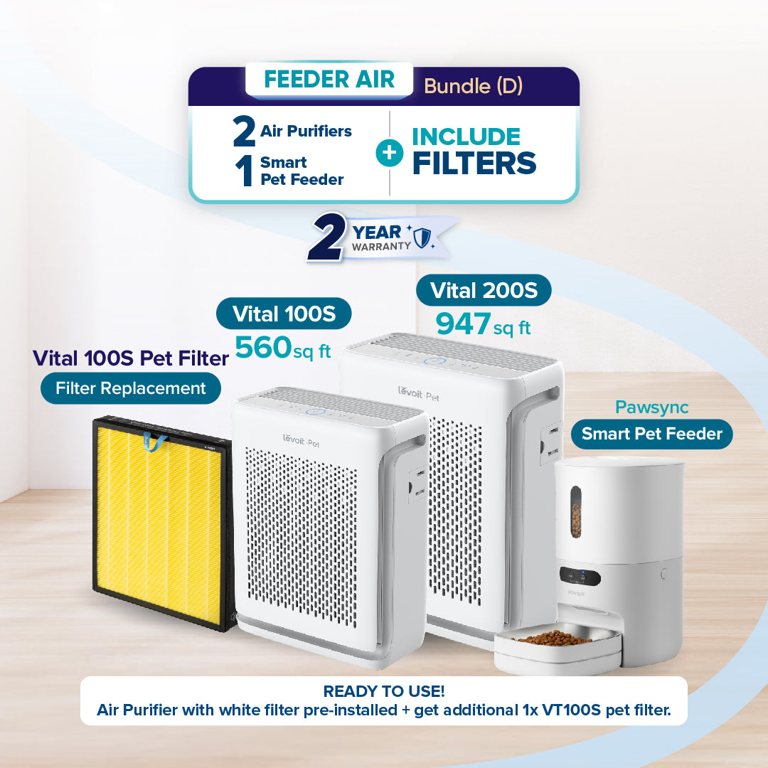 Pet air purifier bundle with smart pet feeder, 2 white purifiers and filters