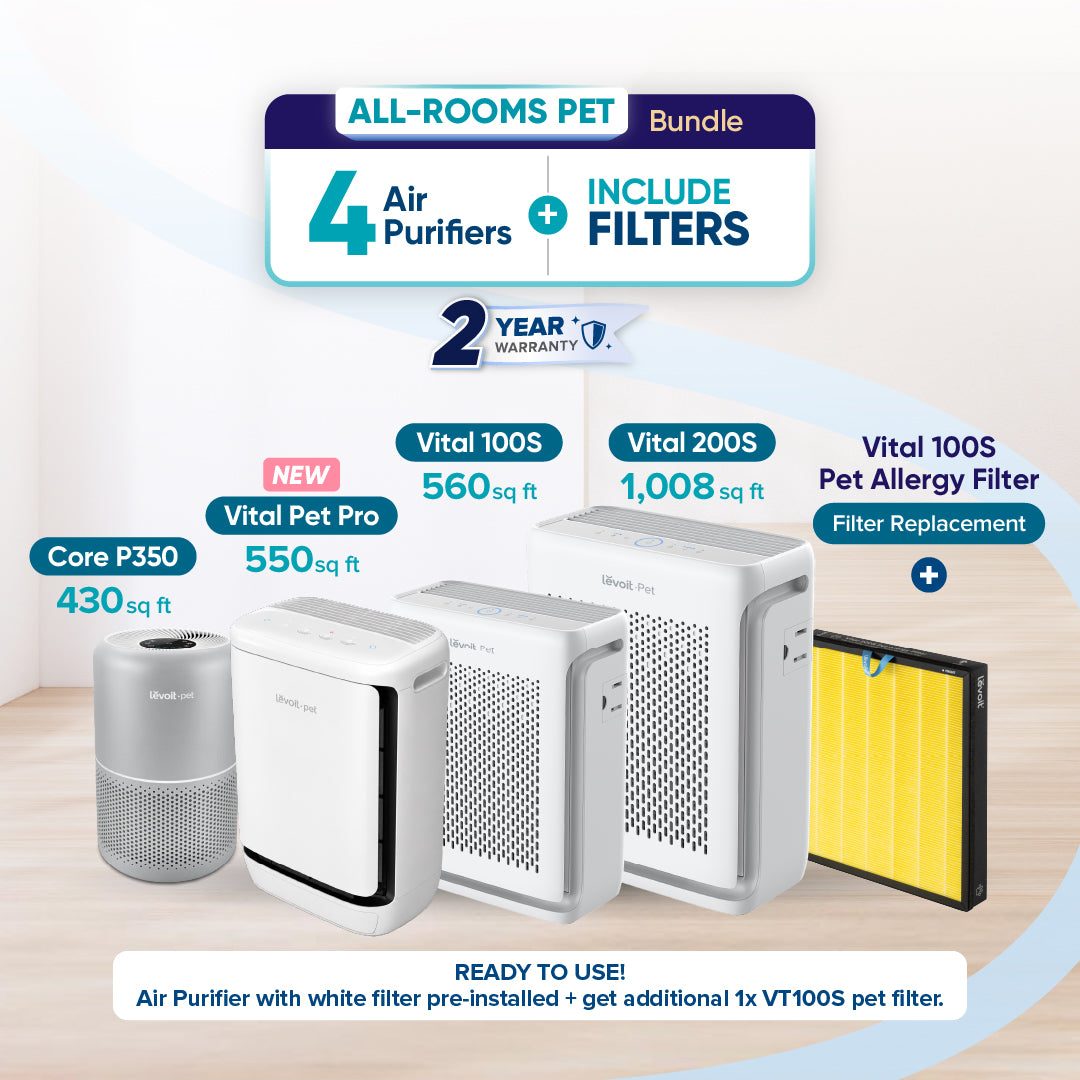 Levoit all-rooms pet bundle with four white air purifiers and one replacement filter