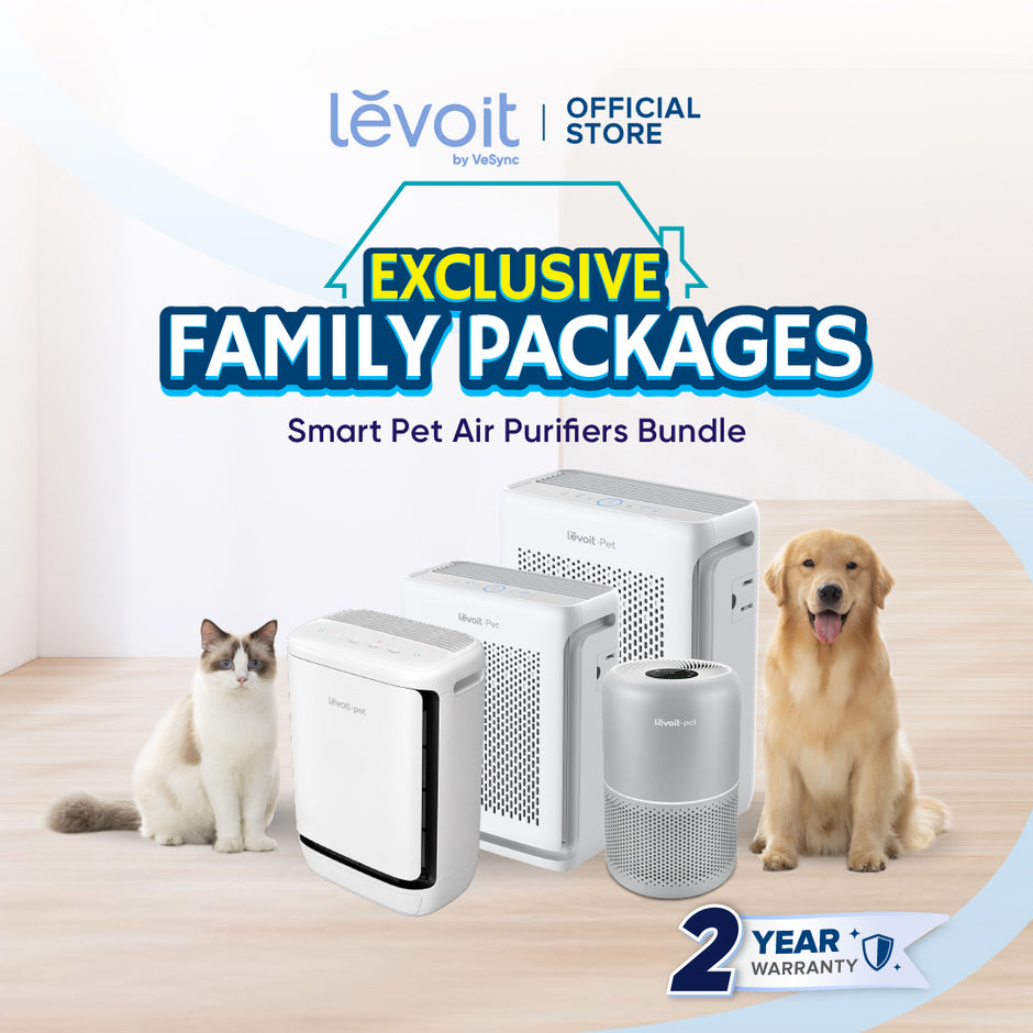 Levoit pet air purifier family package with three white units and a cylindrical purifier