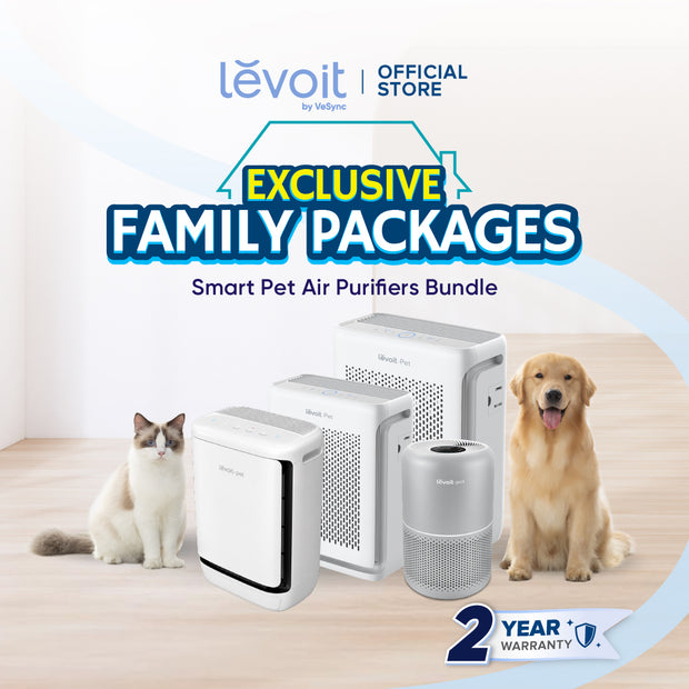 Levoit pet air purifier family package with three white units and a cylindrical purifier